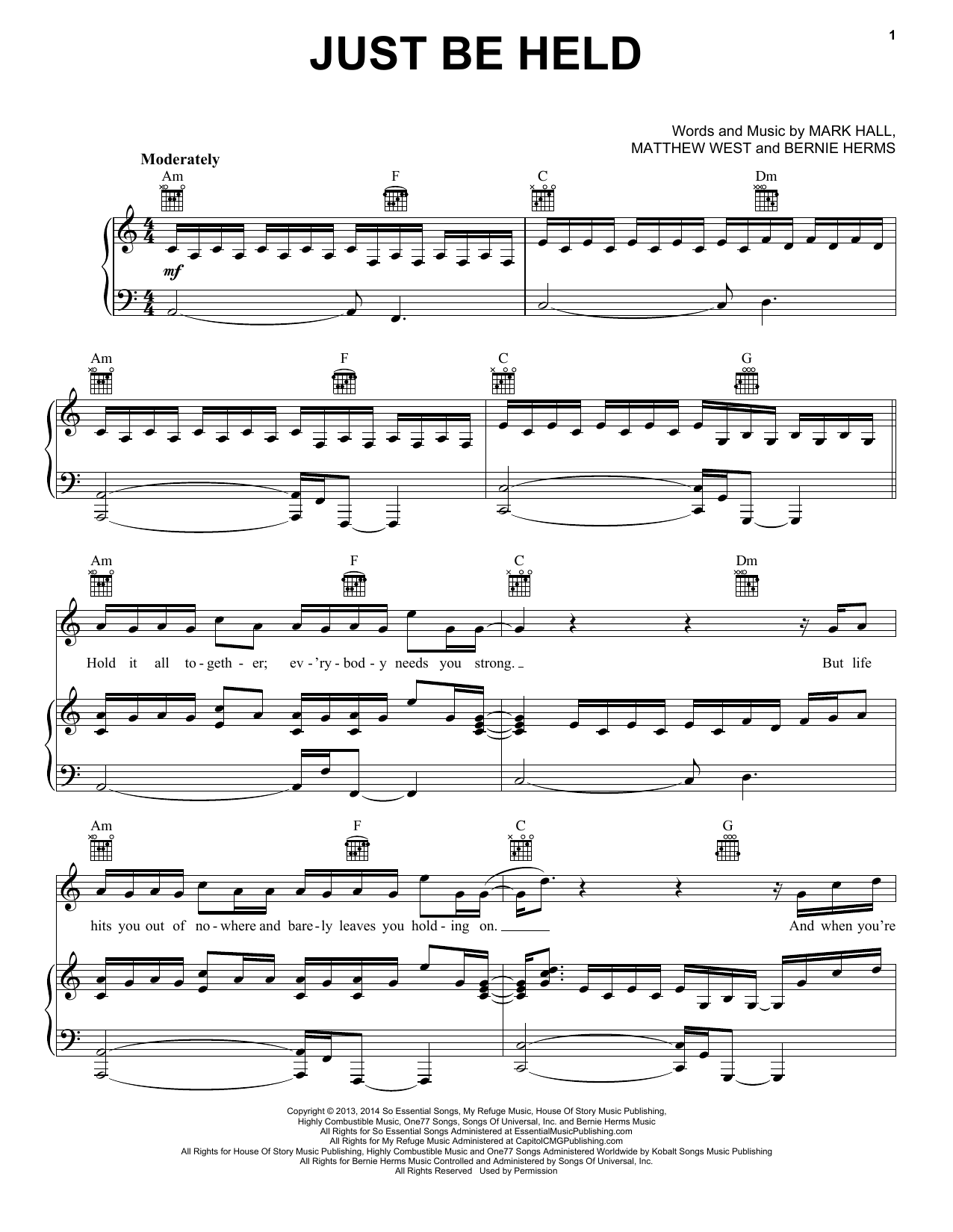 Casting Crowns Just Be Held sheet music notes and chords arranged for Piano, Vocal & Guitar Chords (Right-Hand Melody)