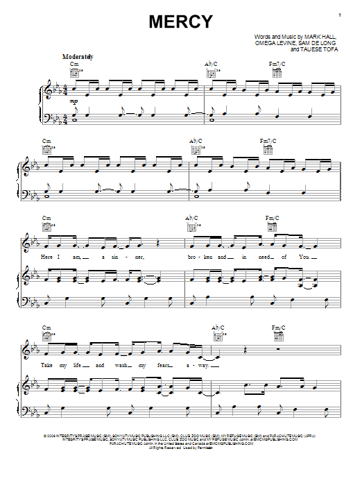 Casting Crowns Mercy sheet music notes and chords arranged for Piano, Vocal & Guitar Chords (Right-Hand Melody)