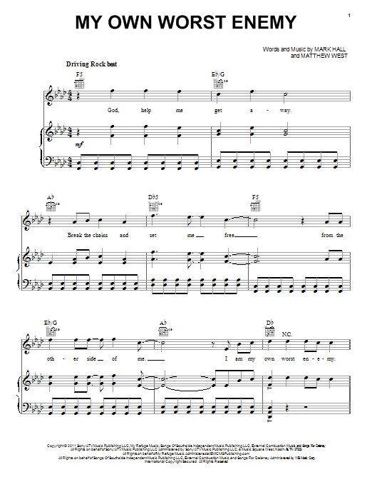 Casting Crowns My Own Worst Enemy sheet music notes and chords arranged for Piano, Vocal & Guitar Chords (Right-Hand Melody)