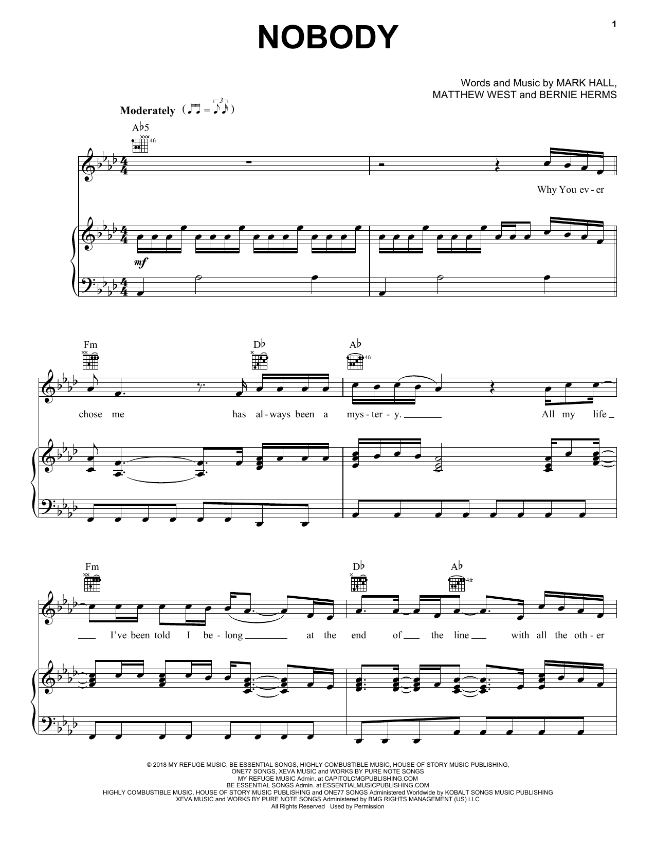 Casting Crowns Nobody sheet music notes and chords arranged for Piano, Vocal & Guitar Chords (Right-Hand Melody)