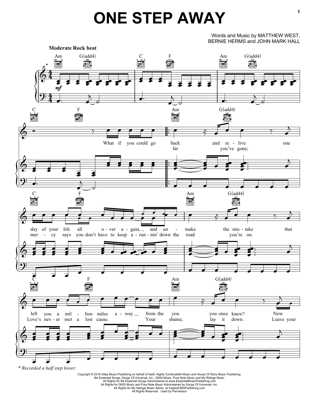 Casting Crowns One Step Away sheet music notes and chords arranged for Piano, Vocal & Guitar Chords (Right-Hand Melody)