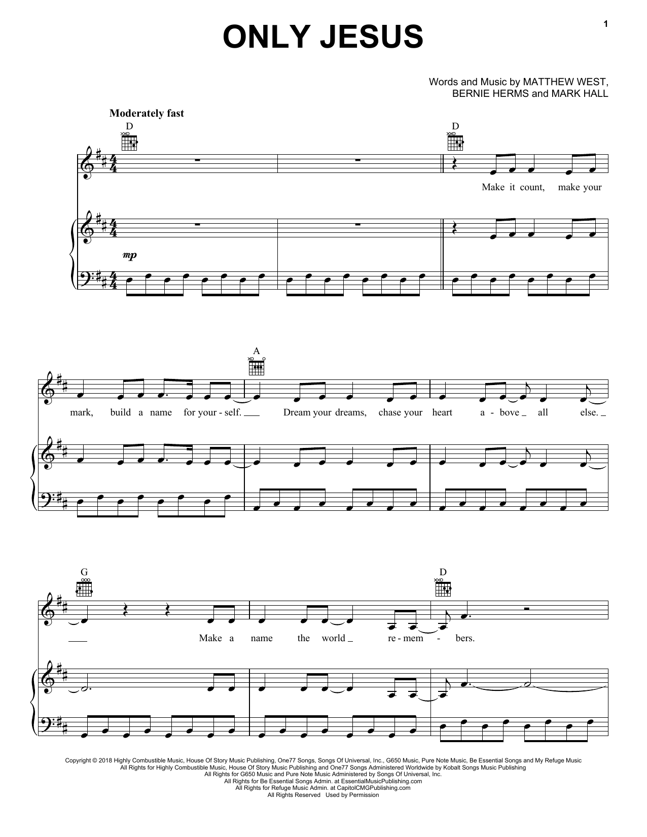 Casting Crowns Only Jesus sheet music notes and chords arranged for Piano, Vocal & Guitar Chords (Right-Hand Melody)