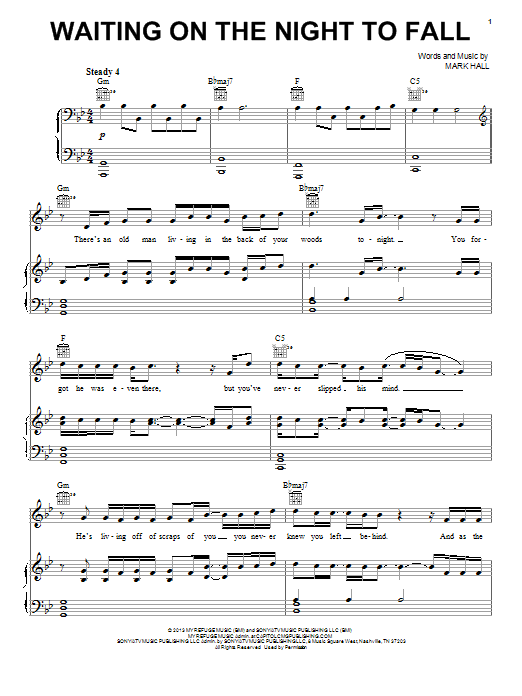 Casting Crowns Waiting On The Night To Fall sheet music notes and chords arranged for Piano, Vocal & Guitar Chords (Right-Hand Melody)
