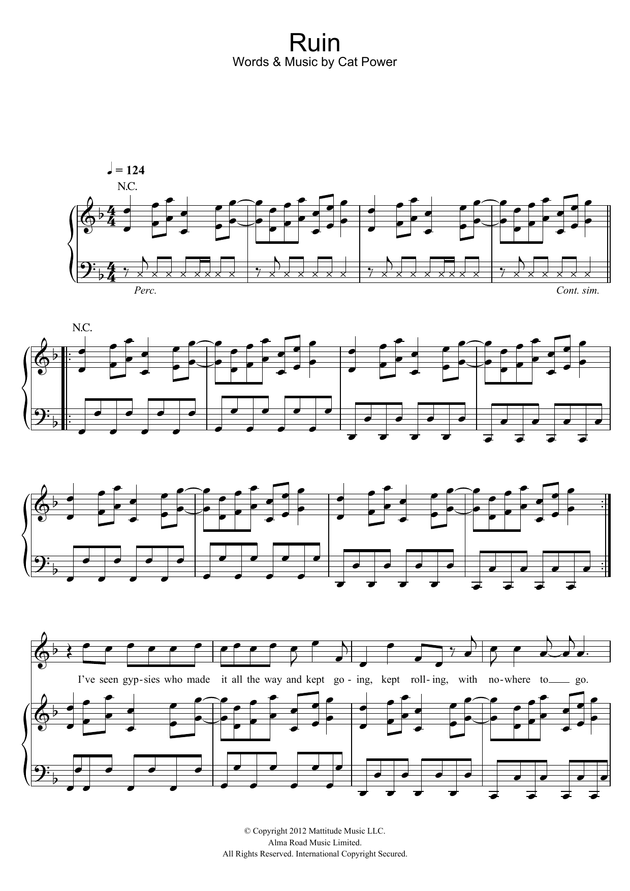 Cat Power Ruin sheet music notes and chords arranged for Piano, Vocal & Guitar Chords