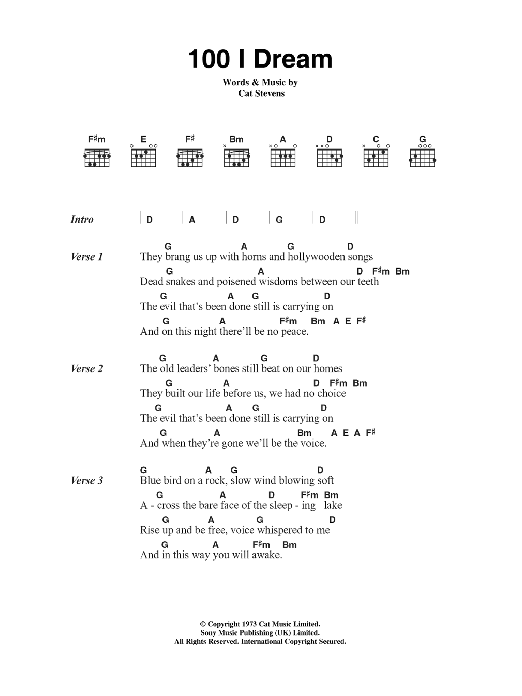 Cat Stevens 100 I Dream sheet music notes and chords arranged for Guitar Chords/Lyrics