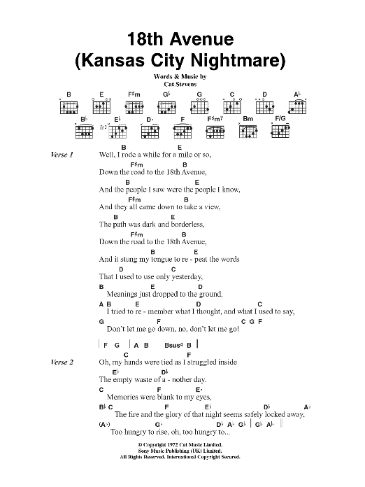 Cat Stevens 18th Avenue (Kansas City Nightmare) sheet music notes and chords arranged for Guitar Chords/Lyrics