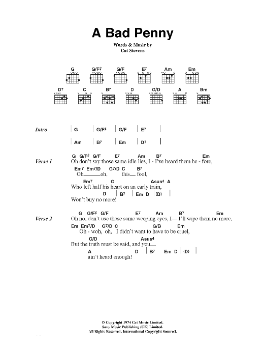Cat Stevens A Bad Penny sheet music notes and chords arranged for Guitar Chords/Lyrics