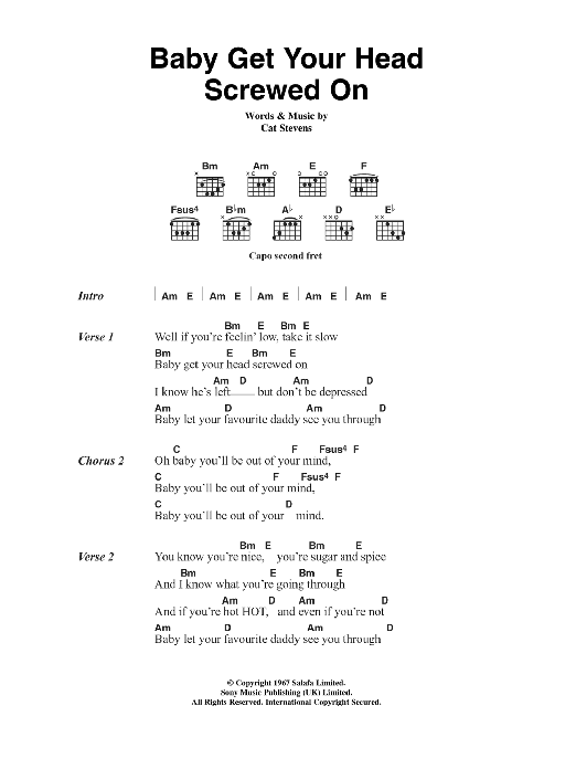 Cat Stevens Baby Get Your Head Screwed On sheet music notes and chords arranged for Guitar Chords/Lyrics