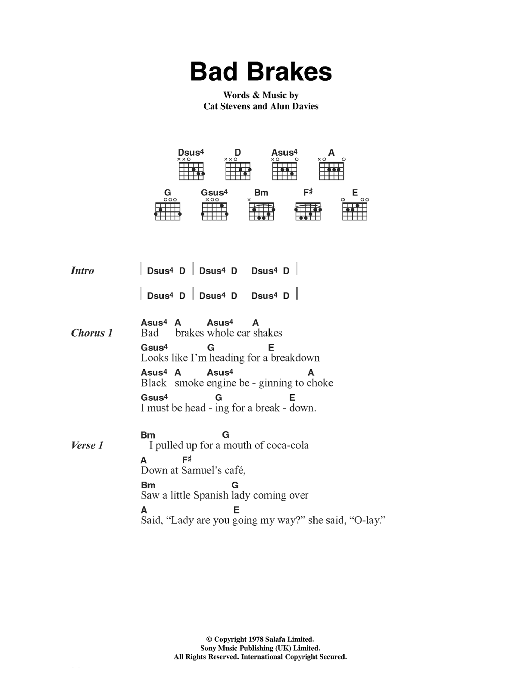 Cat Stevens Bad Brakes sheet music notes and chords arranged for Guitar Chords/Lyrics