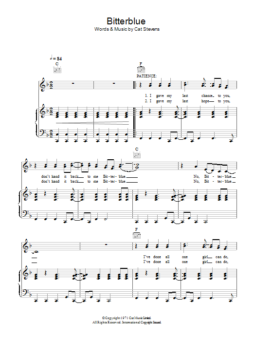 Cat Stevens Bitterblue sheet music notes and chords arranged for Piano, Vocal & Guitar Chords