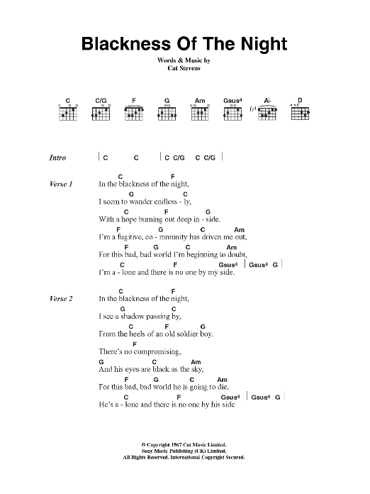 Cat Stevens Blackness Of The Night sheet music notes and chords arranged for Guitar Chords/Lyrics