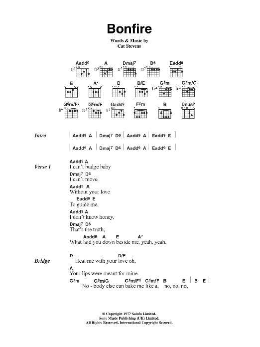 Cat Stevens Bonfire sheet music notes and chords arranged for Guitar Chords/Lyrics