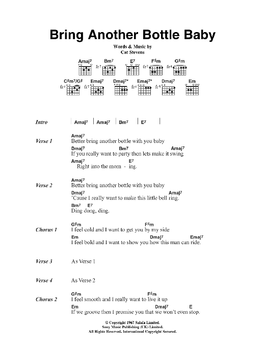 Cat Stevens Bring Another Bottle Baby sheet music notes and chords arranged for Guitar Chords/Lyrics
