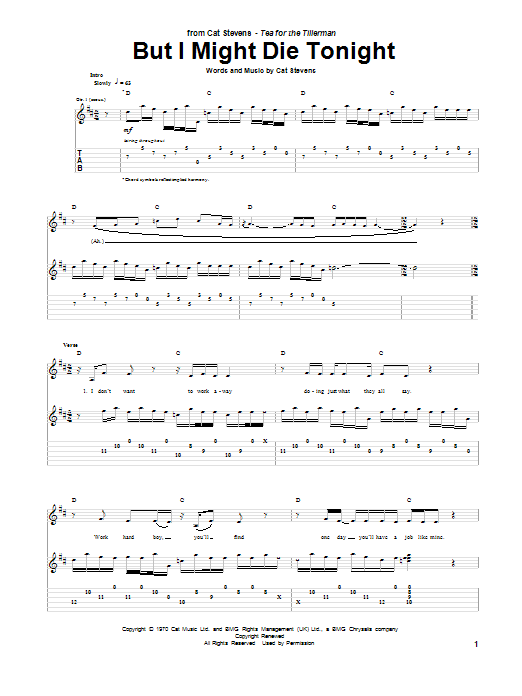 Cat Stevens But I Might Die Tonight sheet music notes and chords arranged for Piano, Vocal & Guitar Chords