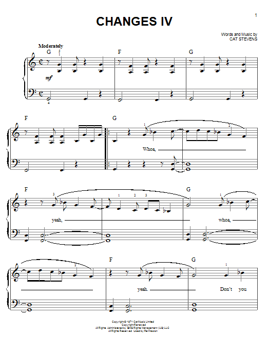 Cat Stevens Changes IV sheet music notes and chords arranged for Easy Piano