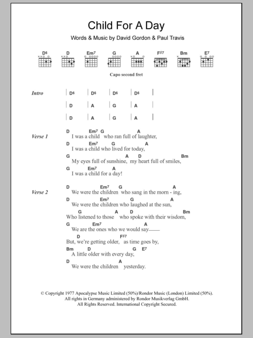 Cat Stevens Child For A Day sheet music notes and chords arranged for Guitar Chords/Lyrics