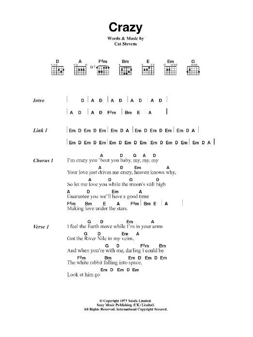 Cat Stevens Crazy sheet music notes and chords arranged for Guitar Chords/Lyrics