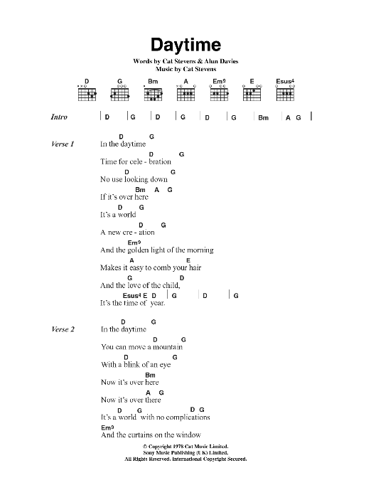 Cat Stevens Daytime sheet music notes and chords arranged for Guitar Chords/Lyrics