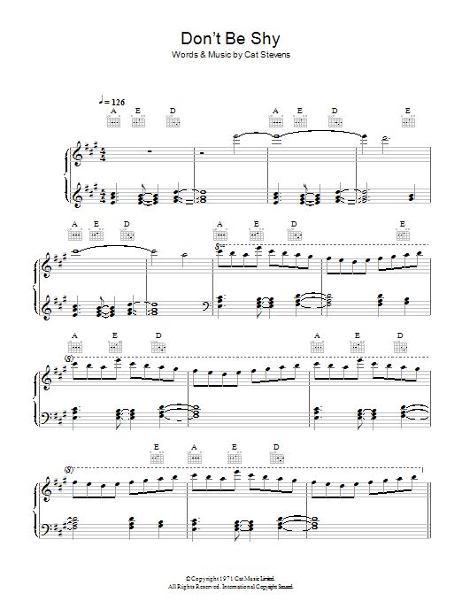 Cat Stevens Don't Be Shy sheet music notes and chords arranged for Piano, Vocal & Guitar Chords (Right-Hand Melody)