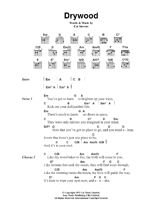 Cat Stevens Drywood sheet music notes and chords arranged for Guitar Chords/Lyrics