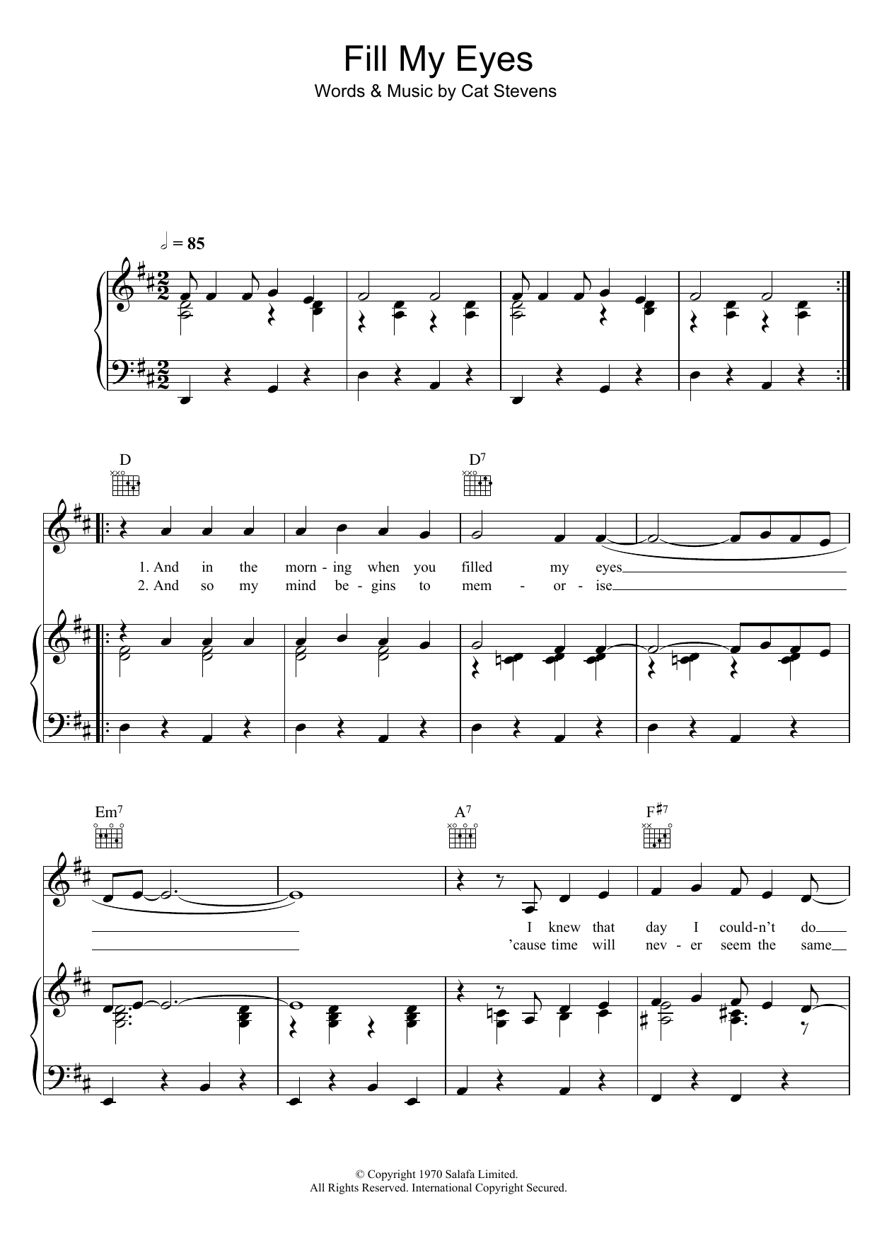 Cat Stevens Fill My Eyes sheet music notes and chords arranged for Piano, Vocal & Guitar Chords