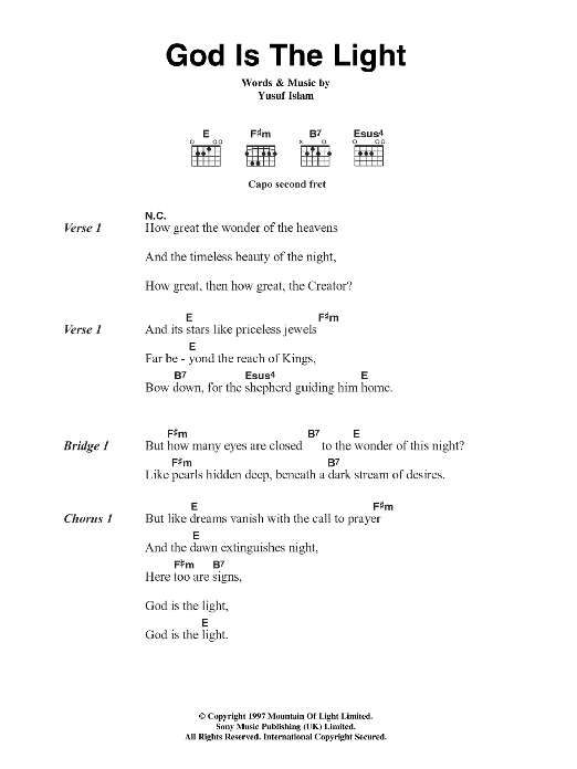 Cat Stevens God Is The Light sheet music notes and chords arranged for Guitar Chords/Lyrics