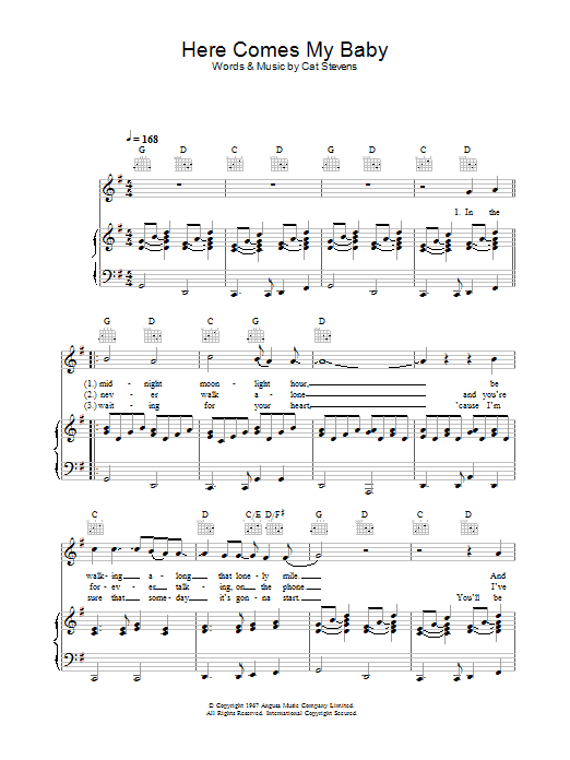 Cat Stevens Here Comes My Baby sheet music notes and chords arranged for Piano, Vocal & Guitar Chords