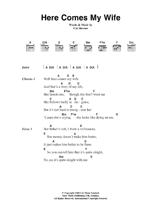 Cat Stevens Here Comes My Wife sheet music notes and chords arranged for Guitar Chords/Lyrics