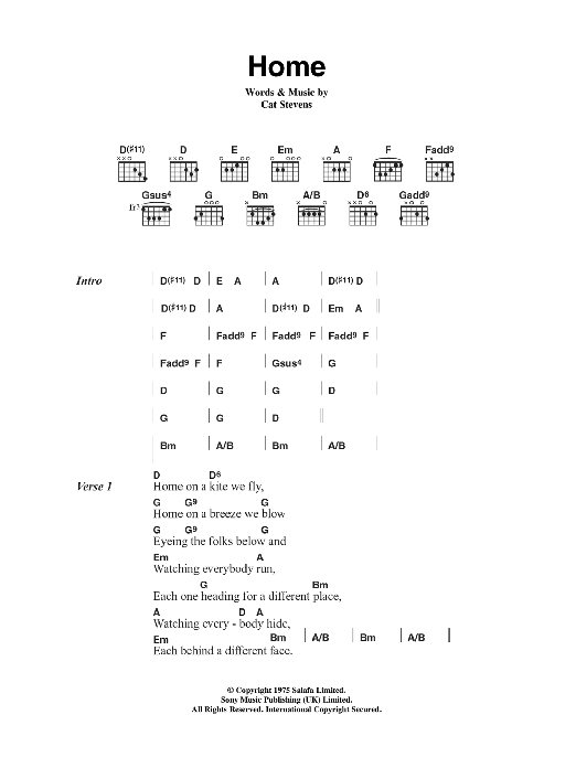 Cat Stevens Home sheet music notes and chords arranged for Guitar Chords/Lyrics