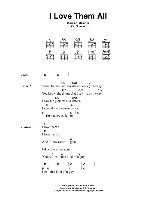 Cat Stevens I Love Them All sheet music notes and chords arranged for Guitar Chords/Lyrics