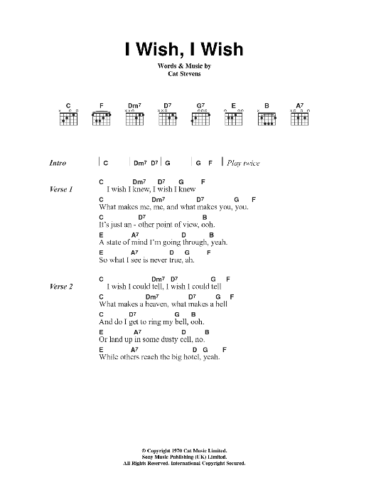 Cat Stevens I Wish, I Wish sheet music notes and chords arranged for Guitar Chords/Lyrics