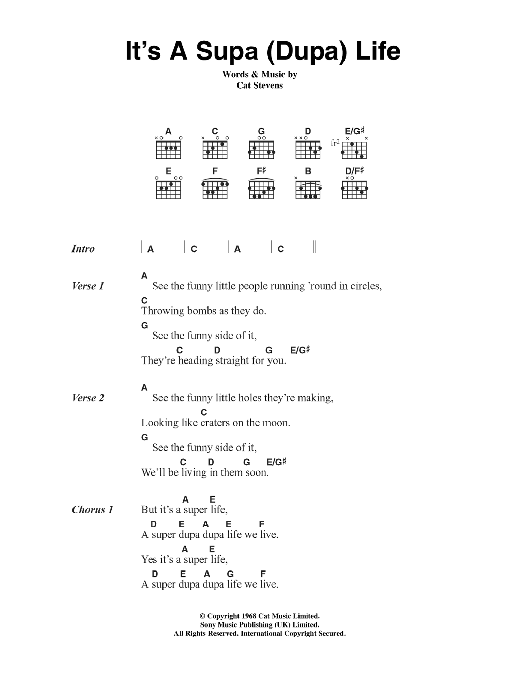 Cat Stevens It's A Supa (Dupa) Life sheet music notes and chords arranged for Guitar Chords/Lyrics