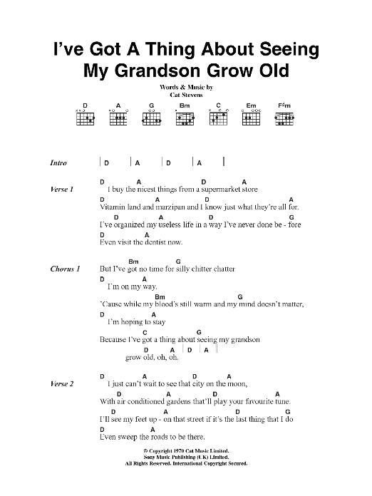 Cat Stevens I've Got A Thing About Seeing My Grandson Grow Old sheet music notes and chords arranged for Guitar Chords/Lyrics