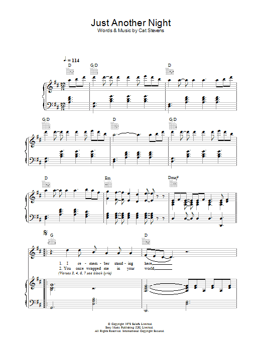 Cat Stevens Just Another Night sheet music notes and chords arranged for Piano, Vocal & Guitar Chords