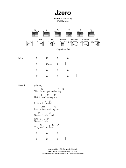 Cat Stevens Jzero sheet music notes and chords arranged for Guitar Chords/Lyrics