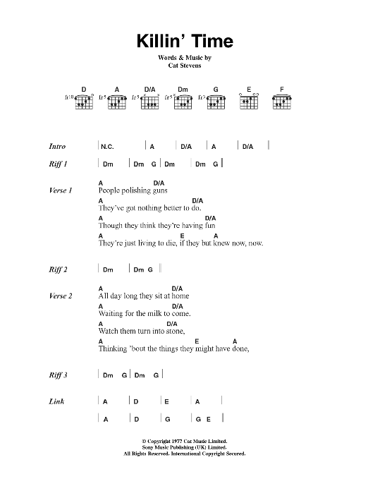 Cat Stevens Killin' Time sheet music notes and chords arranged for Guitar Chords/Lyrics