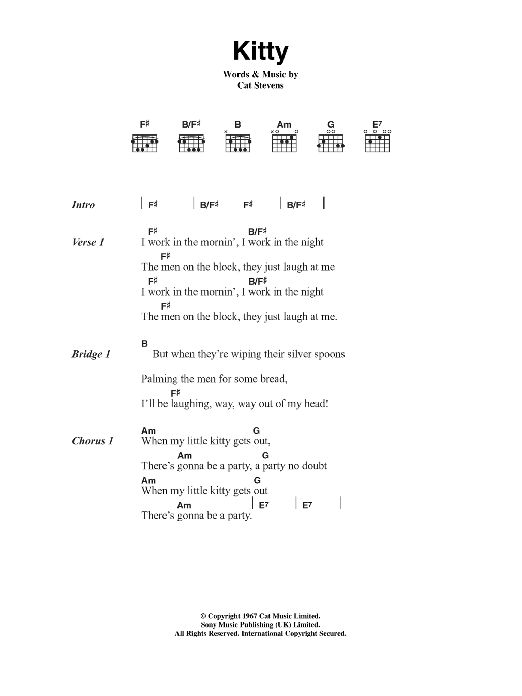 Cat Stevens Kitty sheet music notes and chords arranged for Guitar Chords/Lyrics