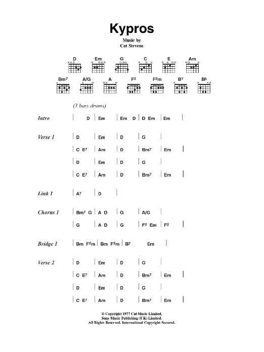 Cat Stevens Kypros sheet music notes and chords arranged for Guitar Chords/Lyrics