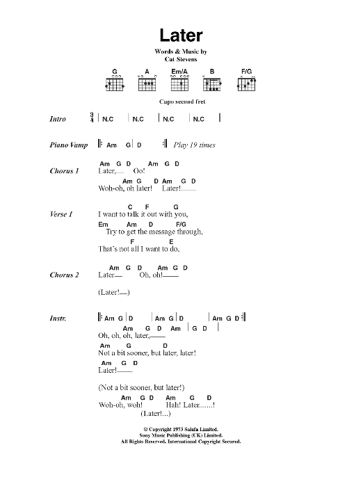 Cat Stevens Later sheet music notes and chords arranged for Guitar Chords/Lyrics
