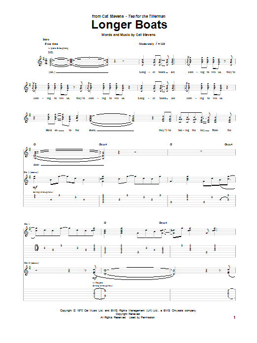 Cat Stevens Longer Boats sheet music notes and chords arranged for Piano, Vocal & Guitar Chords