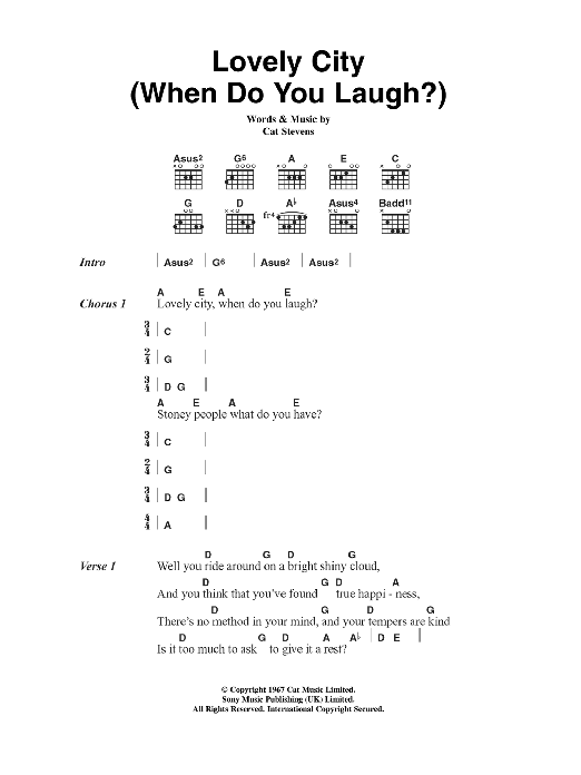 Cat Stevens Lovely City (When Do You Laugh?) sheet music notes and chords arranged for Guitar Chords/Lyrics