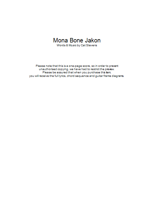 Cat Stevens Mona Bone Jakon sheet music notes and chords arranged for Guitar Chords/Lyrics
