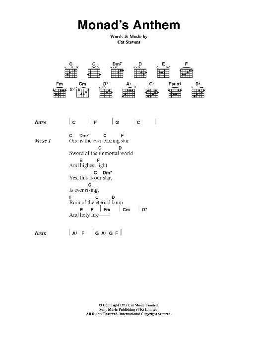 Cat Stevens Monad's Anthem sheet music notes and chords arranged for Guitar Chords/Lyrics