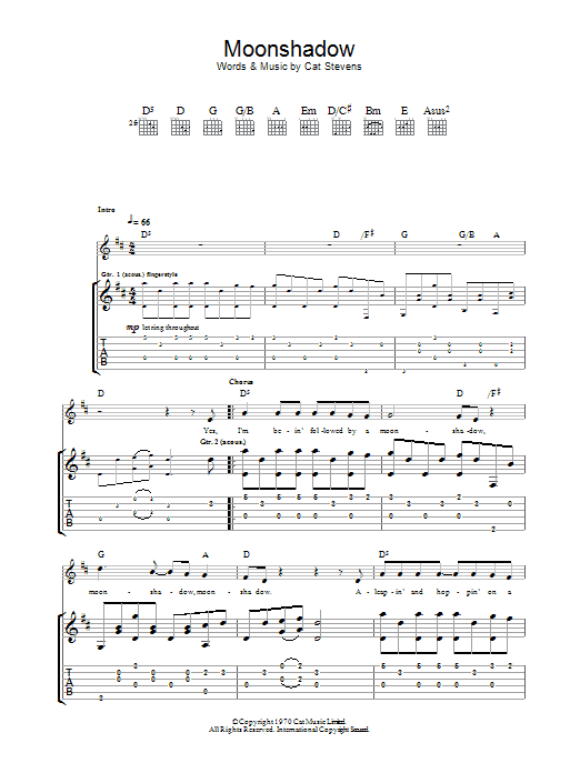 Cat Stevens Moonshadow sheet music notes and chords arranged for Guitar Tab