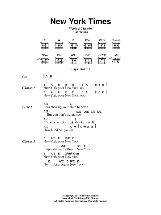Cat Stevens New York Times sheet music notes and chords arranged for Guitar Chords/Lyrics