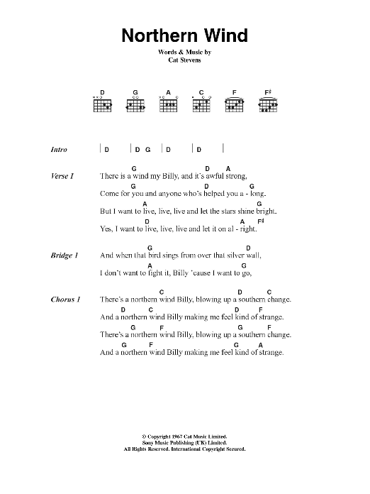 Cat Stevens Northern Wind sheet music notes and chords arranged for Guitar Chords/Lyrics