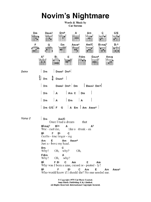 Cat Stevens Novim's Nightmare sheet music notes and chords arranged for Guitar Chords/Lyrics