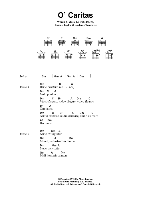 Cat Stevens O' Caritas sheet music notes and chords arranged for Guitar Chords/Lyrics