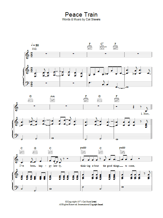 Cat Stevens Peace Train sheet music notes and chords arranged for Piano, Vocal & Guitar Chords
