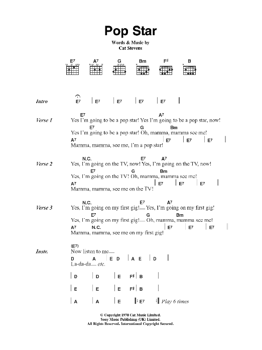 Cat Stevens Pop Star sheet music notes and chords arranged for Guitar Chords/Lyrics